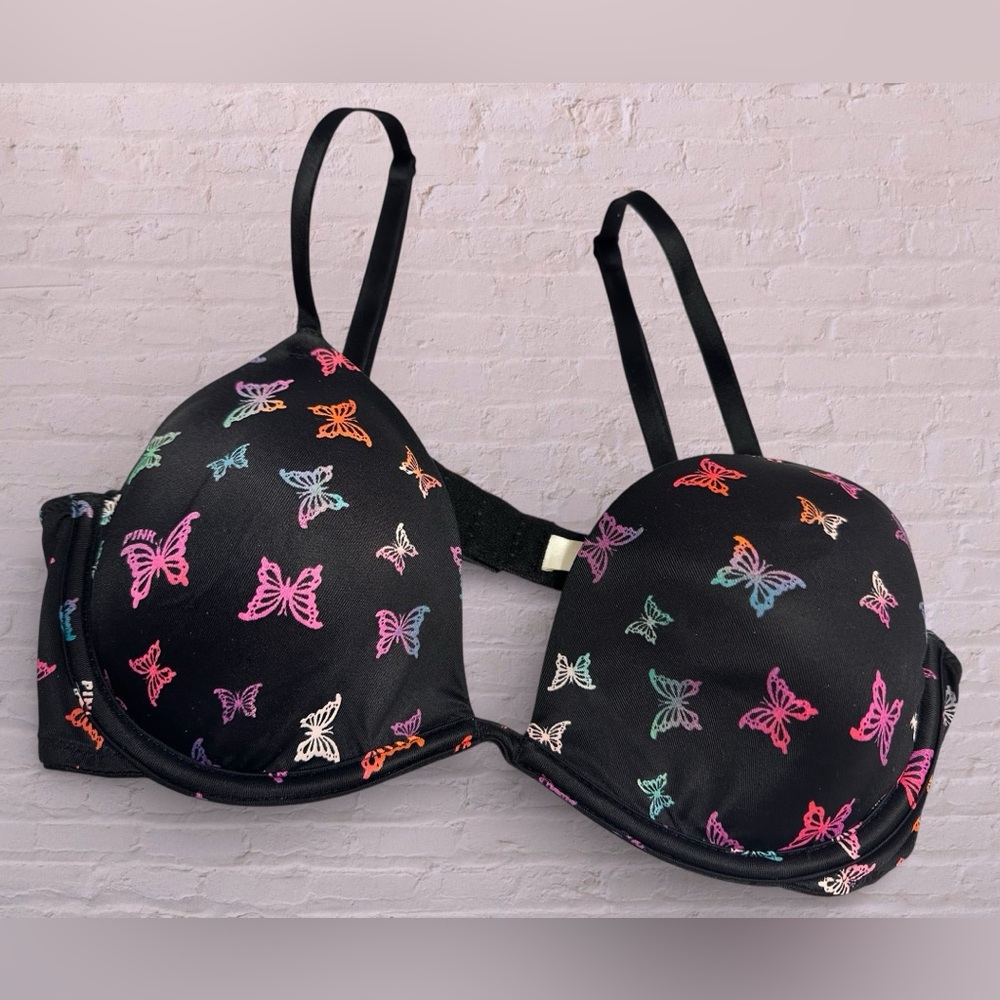 PINK Victoria's Secret Black Bra with Colorful Butterfly Print